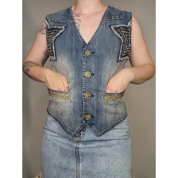 Y2k Pepe Jeans Streetwear Star Patchwork Rhinestone Distressed Denim Vest Sz Sm - Picture 5 of 9